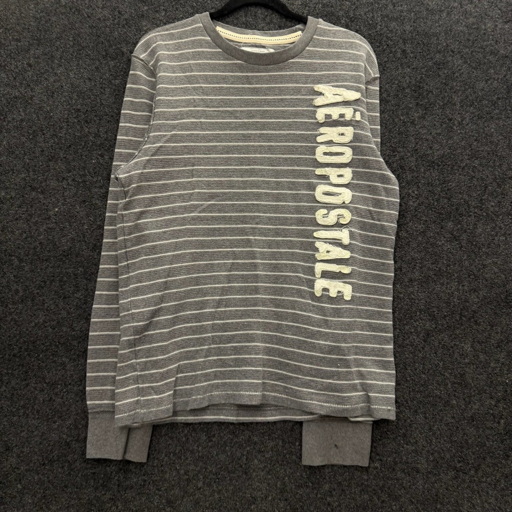 Aeropostale Mens XL Grey Striped Waffle Knit Thermal Long Sleeve Logo Shirt